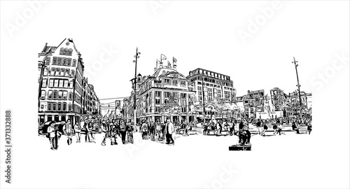 Building view with landmark of Amsterdam is the Netherlands’ capital, known for its artistic heritage. Hand drawn sketch illustration in vector.