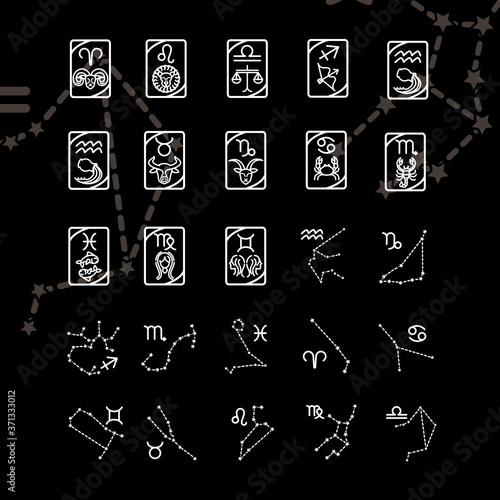 zodiac astrology horoscope calendar constellation aries leo libra cancer scorpio icons collection line style black background