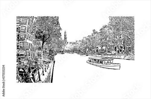 Building view with landmark of Amsterdam is the Netherlands’ capital, known for its artistic heritage. Hand drawn sketch illustration in vector.