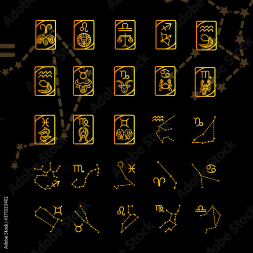 zodiac astrology horoscope calendar constellation aries leo libra cancer scorpio icons collection gradient style black background