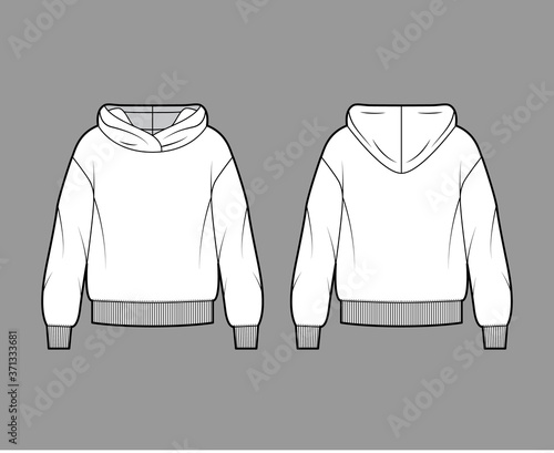 Oversized cotton-fleece hoodie technical fashion illustration with relaxed fit, long sleeves. Flat outwear jumper apparel template front, back white color. Women, men, unisex sweatshirt top CAD mockup