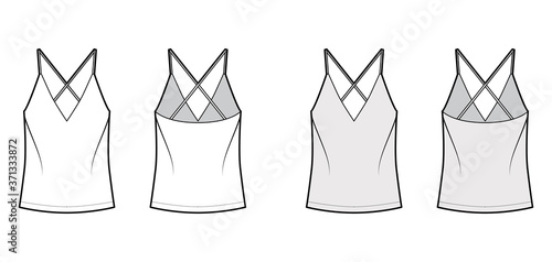 Camisole technical fashion illustration with flattering V-neck, straps, relaxed fit, tunic length. Flat outwear tank apparel template front, back, white grey color. Women, men unisex shirt top mockup