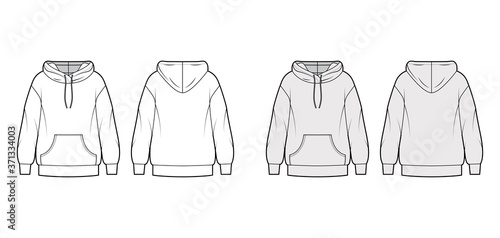 Oversized cotton-fleece hoodie technical fashion illustration with pocket, relaxed fit, long sleeves. Flat jumper apparel template front, back, white, grey color. Women, men, unisex sweatshirt top CAD