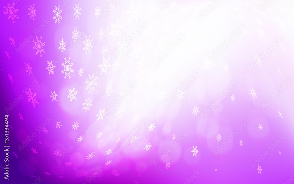 Light Pink vector background with xmas snowflakes. Snow on blurred abstract background with gradient. New year design for your ad, poster, banner.