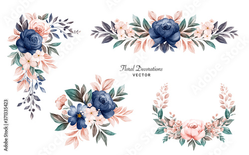 Set of watercolor floral frame bouquets of navy and peach roses and leaves. Botanic decoration illustration for wedding card, fabric, and logo composition photo