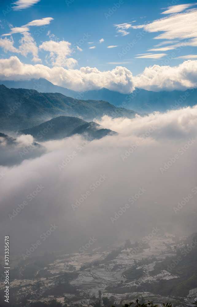 Rice field terraces. Mountain view in the clouds. Sapa, Lao Cai Province, north-west Vietnam