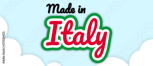 Bold stroke text style "Made in Italy" vector illustration. Text in country flag colours, floating on editable/removable sky with clouds background.