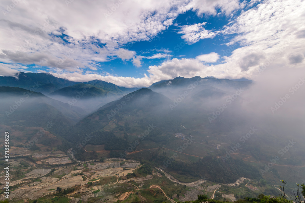 Rice field terraces. Mountain view in the clouds. Sapa, Lao Cai Province, north-west Vietnam