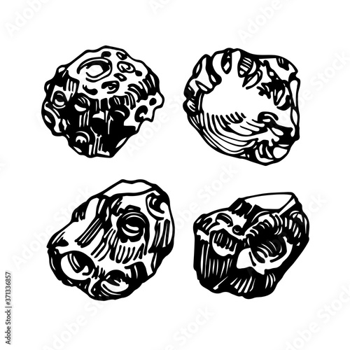 set of meteor ore or stones, cosmic celestial body, iron meteorite, vector illustration with black ink lines isolated on a white background in a doodle & hand drawn style