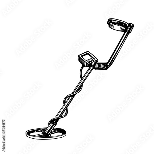 modern technology for searching, hand metal detector, engraving, sketch, vector illustration with black ink lines isolated on a white background in a doodle & hand drawn style