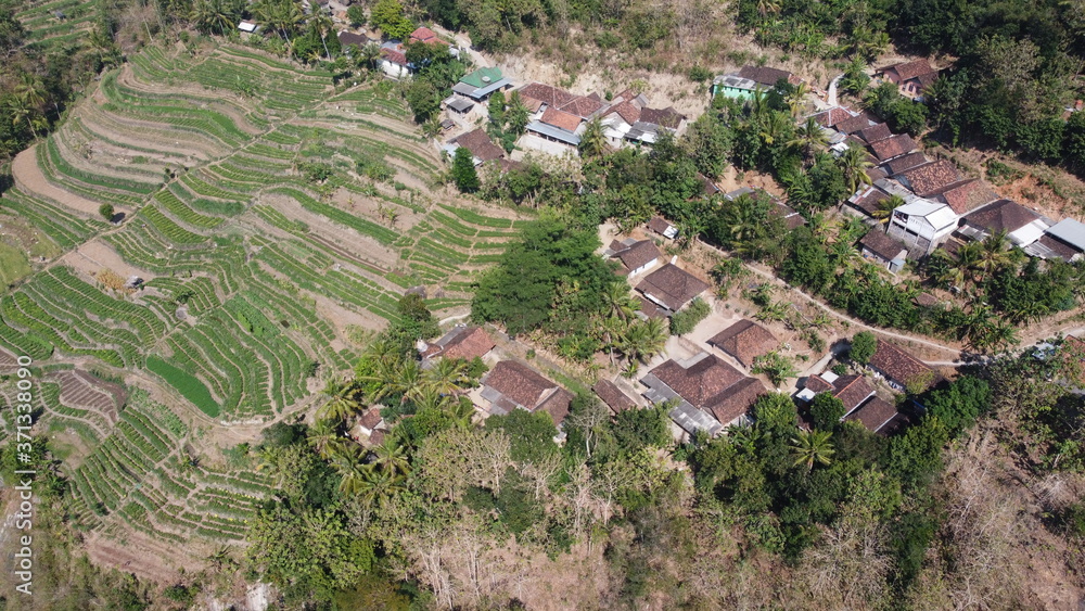 Aerial view of rice terraces and countryside on a hill