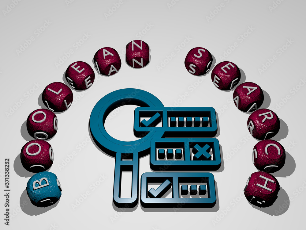 BOOLEAN SEARCH icon surrounded by the text of individual letters - 3D ...