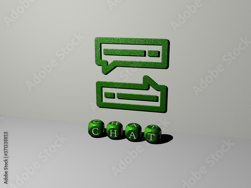 3D illustration of chat graphics and text made by metallic dice letters for the related meanings of the concept and presentations for icon and communication