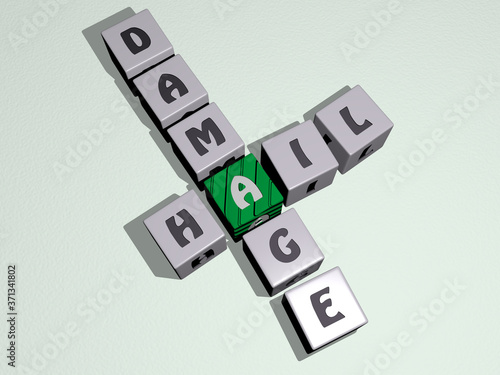 HAIL DAMAGE crossword by cubic dice letters - 3D illustration for storm and icon