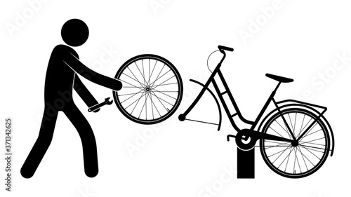 stick figure, mechanic repairs broken bike. Transport repair master. Cycling around the city, vehicle maintenance. Caring for the ecology and the environment. Black and white vector