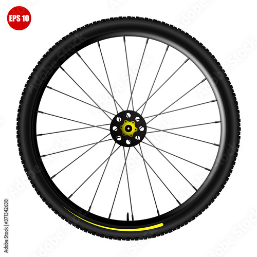 realistic bicycle wheel with a protector. Bike rubber mountain tyre, valve. Active kinds of extreme sports. Design element for banner or poster. Color vector