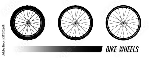 bicycle wheel symbol with different tread. Bike rubber mountain tyre, valve. Active kinds of extreme sports. Black and white vector
