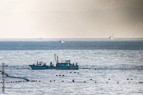 定置網を引き上げる漁師たち