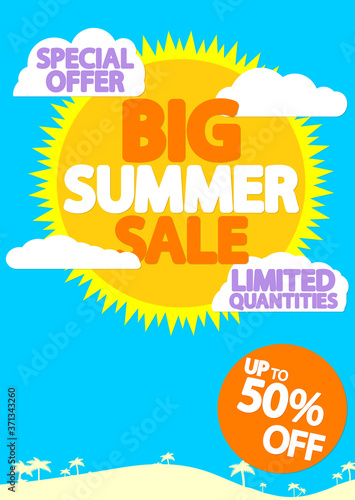 Big Summer Sale up to 50% off, poster design template, season best offer, vector illustration