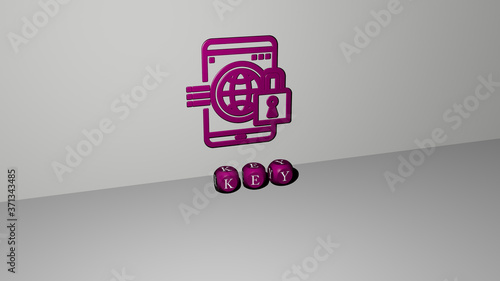 KEY 3D icon on the wall and text of cubic alphabets on the floor - 3D illustration for background and concept