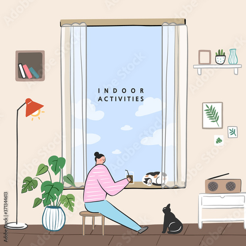 Concept of hobby ideas that can do at home.stay at home concept series. enjoy coffee or tea in a window house.
