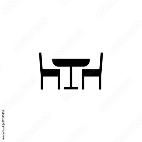 Table and chair icon in black flat glyph, filled style isolated on white background