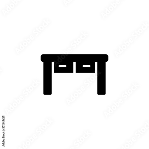 Desk icon in black flat glyph, filled style isolated on white background