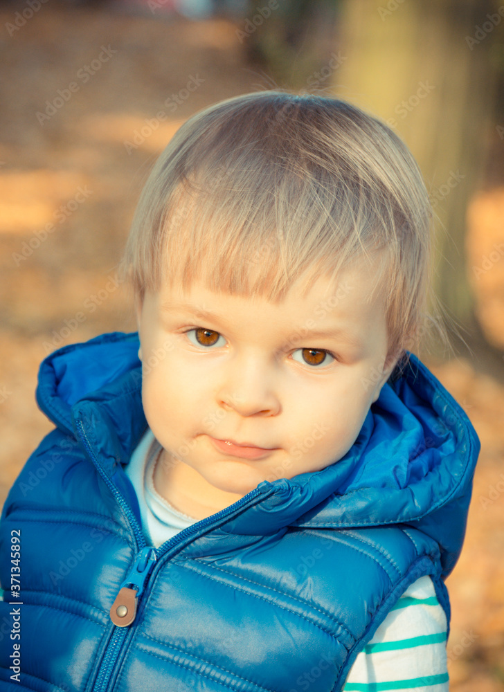 Portrait of preschooler in autumn park. Happy childhood concept Portrait of preschooler in autumn park. Happy childhood concept