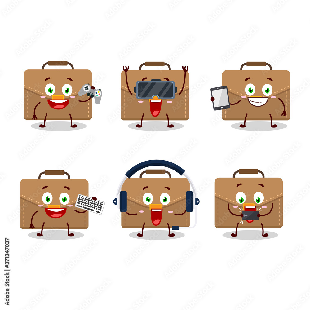 Brown suitcase cartoon character are playing games with various cute emoticons Brown suitcase cartoon character are playing games with various cute emoticons