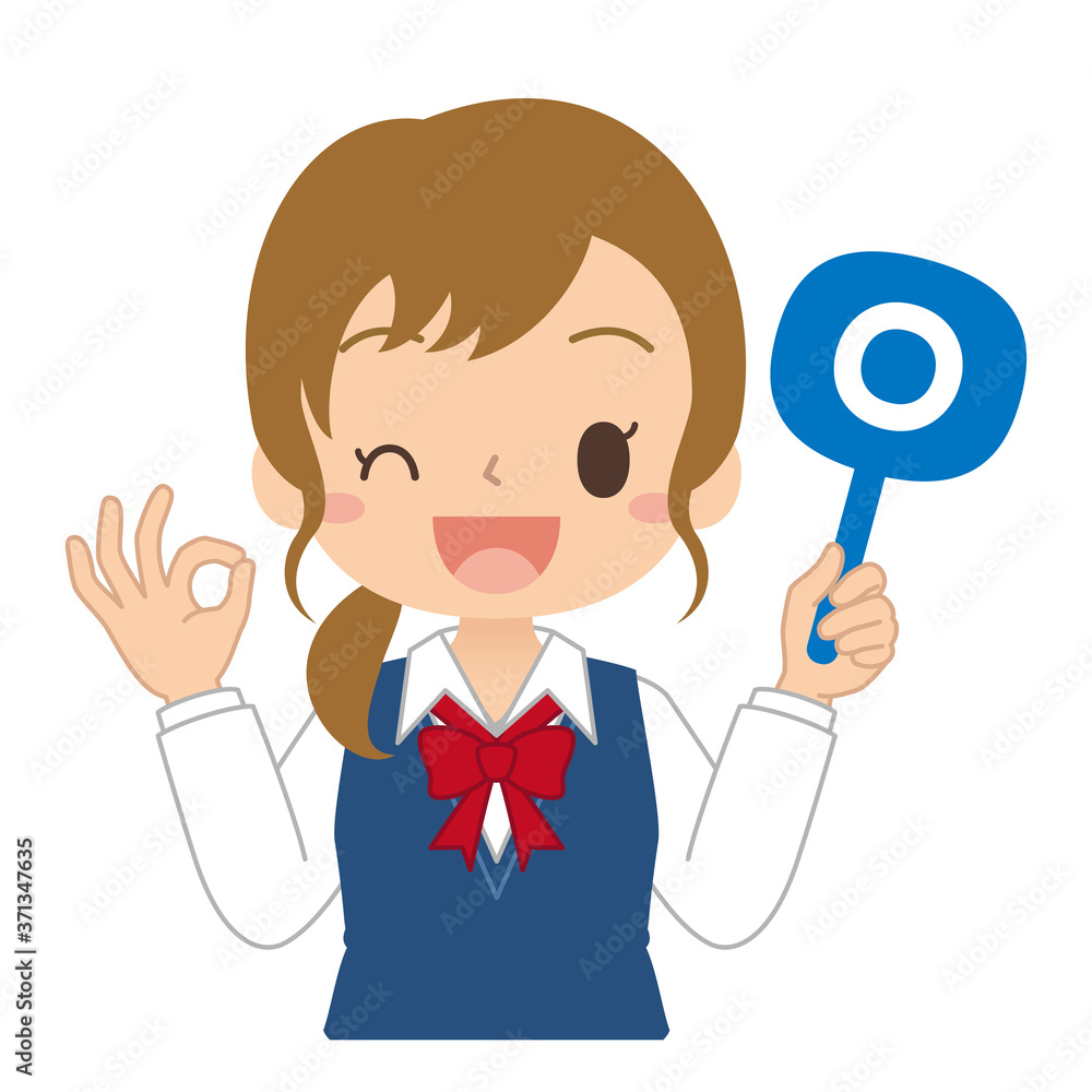 まるの札を持った笑顔の女の子　高校生　中学生　イラスト