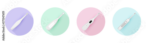 Set of electric toothbrush icons with long shadow isolated on color background. Element for cleaning teeth. Dentistry equipment illustration. Vector tooth care tool in flat style.