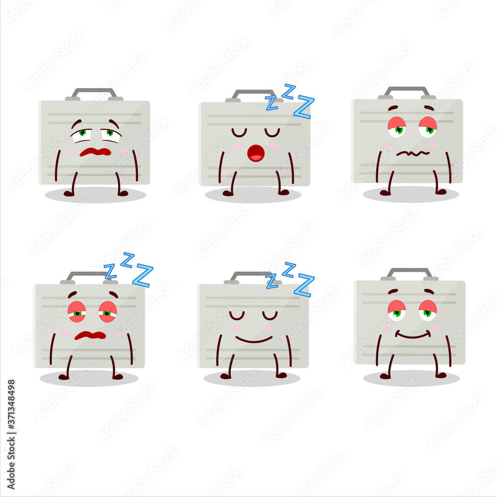 Cartoon character of silver suitcase with sleepy expression Cartoon character of silver suitcase with sleepy expression
