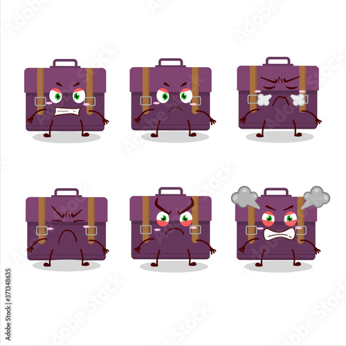 Purple suitcase cartoon character with various angry expressions