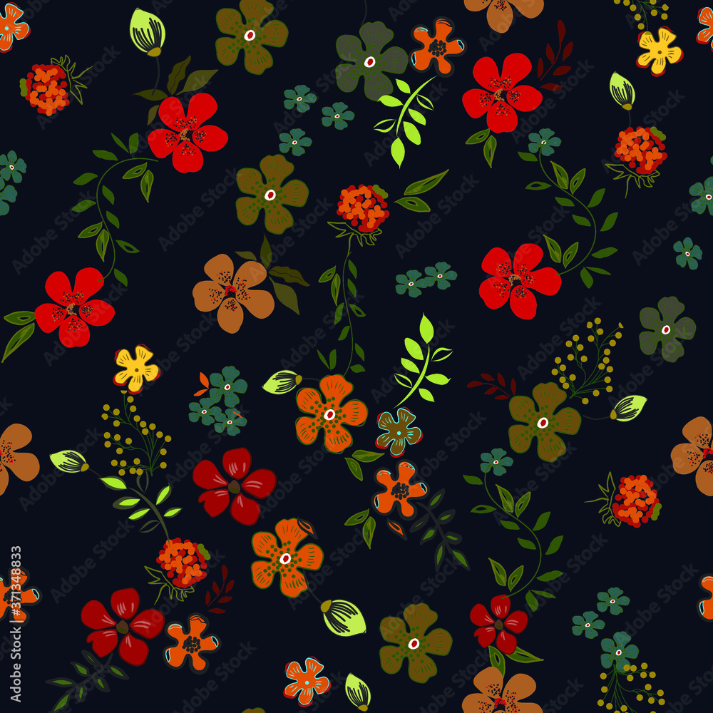 Floral Tropical Hawaiian Flowers Dark Blue Background Repeat Pattern design seamless. Colorful Flowers Illustration Floral Tropical Hawaiian Flowers Dark Blue Background Repeat Pattern design seamless. Colorful Flowers Illustration