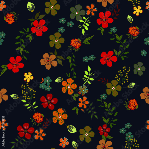 Floral Tropical Hawaiian Flowers Dark Blue Background Repeat Pattern design seamless. Colorful Flowers Illustration