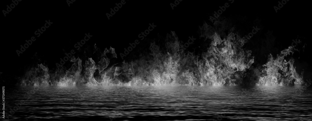 Panoramic view black and white fire. Perfect explosion effect for  decoration and covering on black background. Concept burn flame and light  texture overlays. Reflection on water. Stock Illustration | Adobe Stock