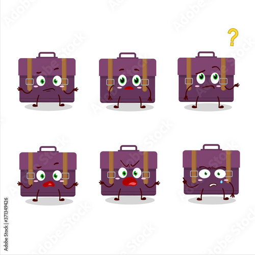 Cartoon character of purple suitcase with what expression