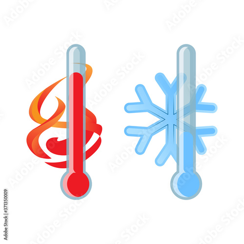 hot temperature and cold temperature concept with fire icon, snowflake icon, room thermometer flat design style icon logo vector illustration