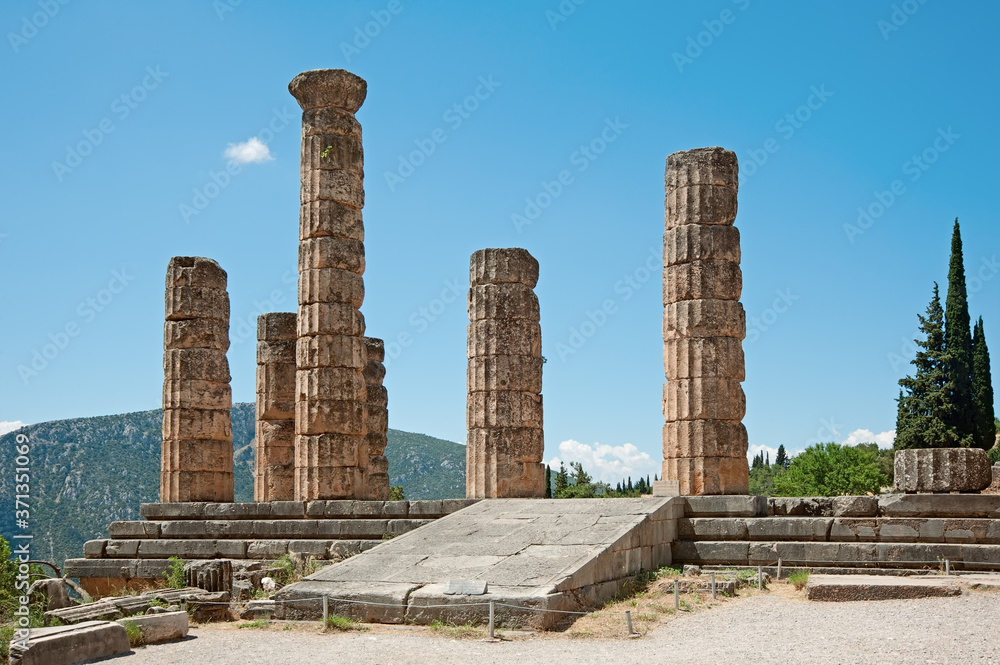 Five standing columns of Temple of Apollo in Delphi, Greece