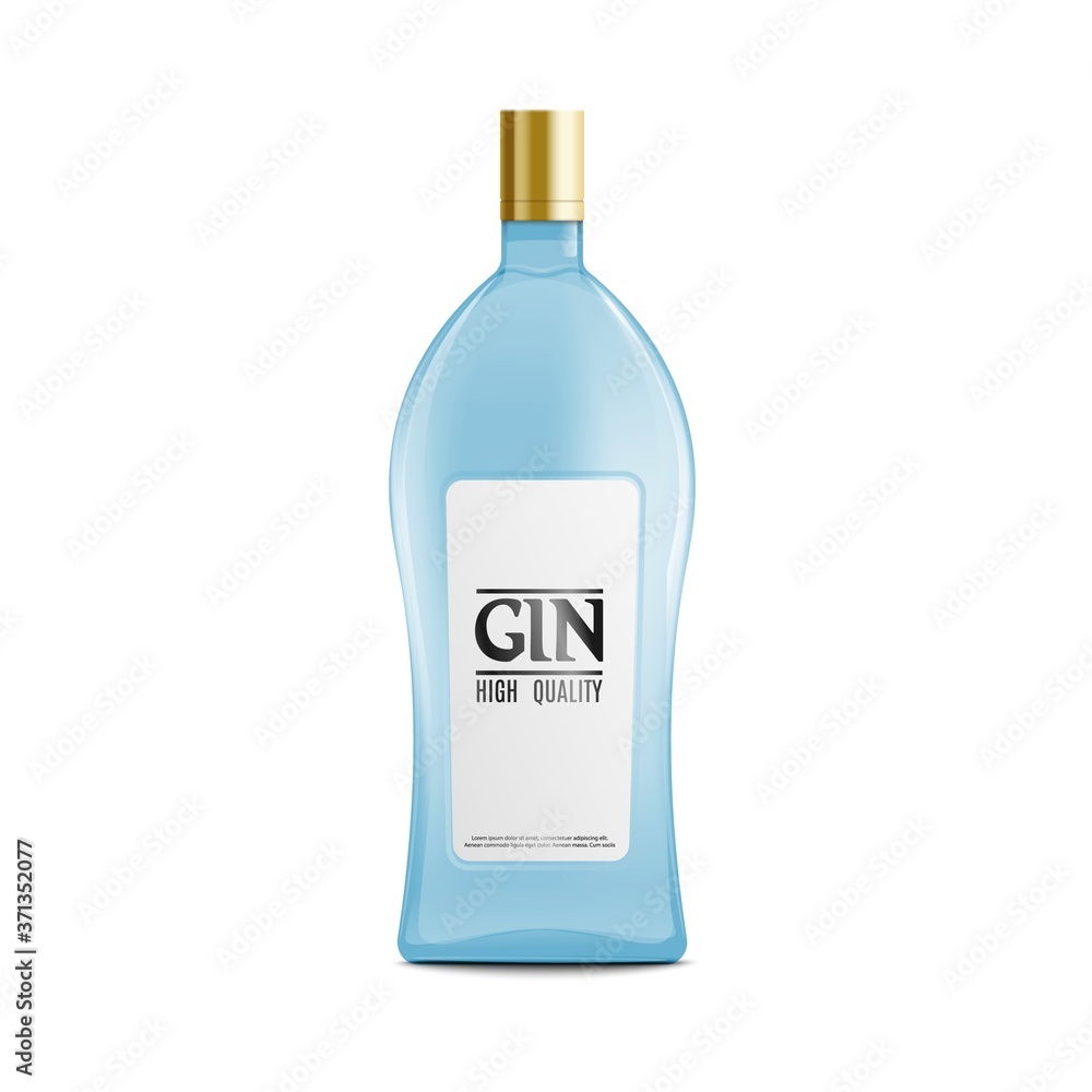 Light blue gin bottle with golden cap - realistic mockup