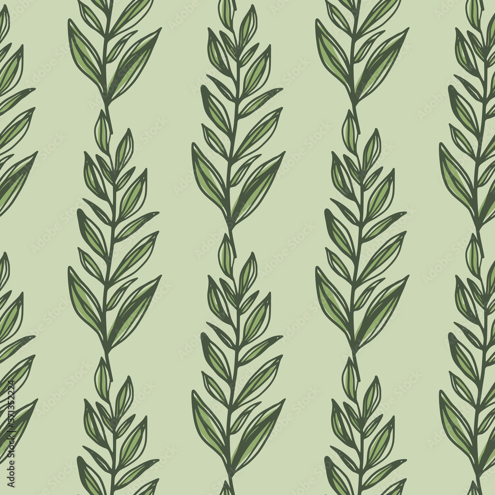 Green outline leaves branches seamless pattern. Pastel light olive background. Simple floral backdrop.
