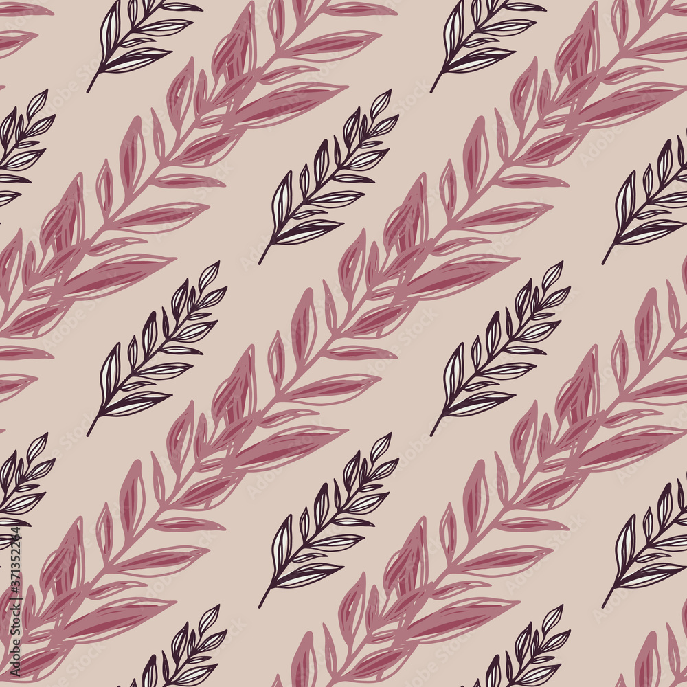 Fototapeta premium Purple and lilac contoured outline floral branches seamless pattern. Vintage creative print on light grey background.