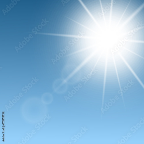 White sun light with realistic lens flare effect on light blue sky background