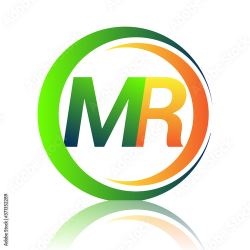 initial letter logo MR company name green and orange color on circle and swoosh design. vector logotype for business and company identity.