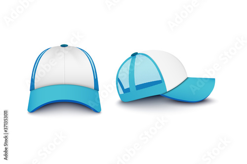 Realistic light blue snapback basketball cap mockup set from front and side view