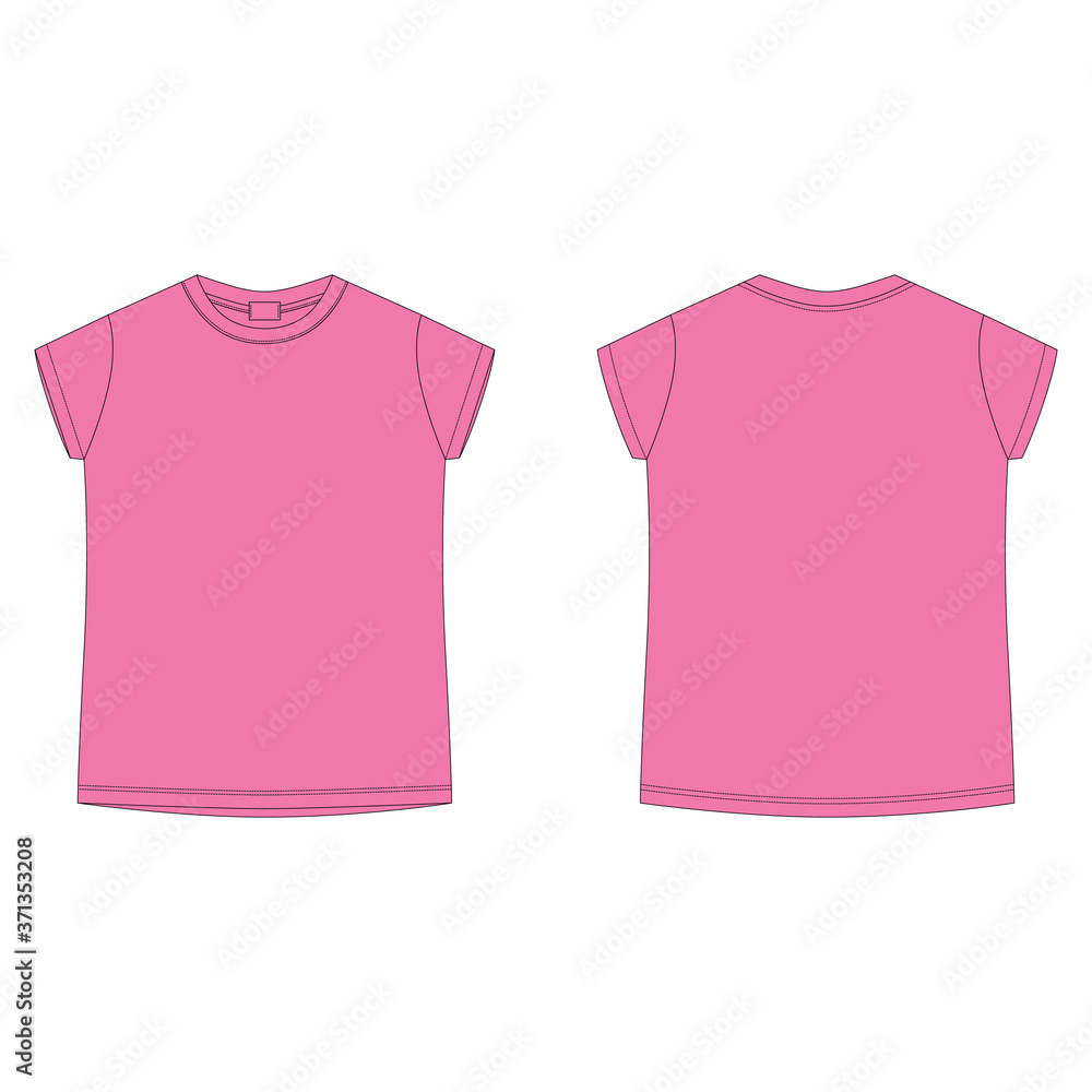 Bright pink cotton t-shirt blank template. Children's technical sketch tee shirt isolated on white background. Front and back. Bright pink cotton t-shirt blank template. Children's technical sketch tee shirt isolated on white background. Front and back.