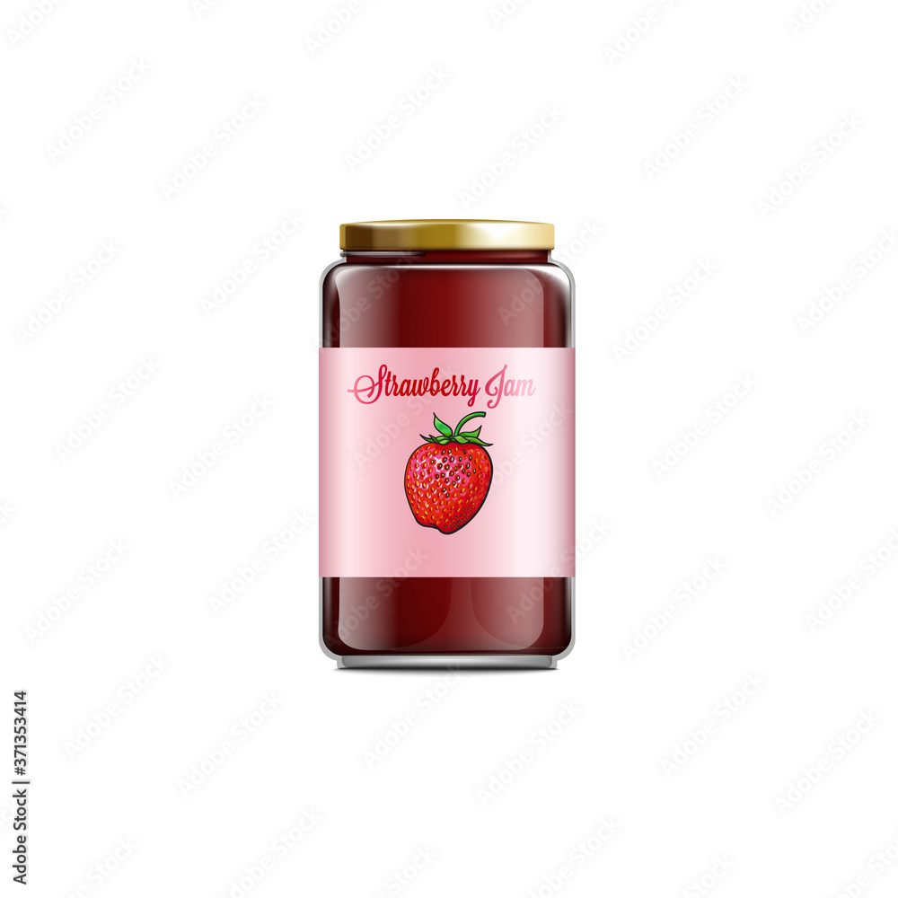 Strawberry jam in glass jar - realistic mockup of sweet red jelly container Strawberry jam in glass jar - realistic mockup of sweet red jelly container