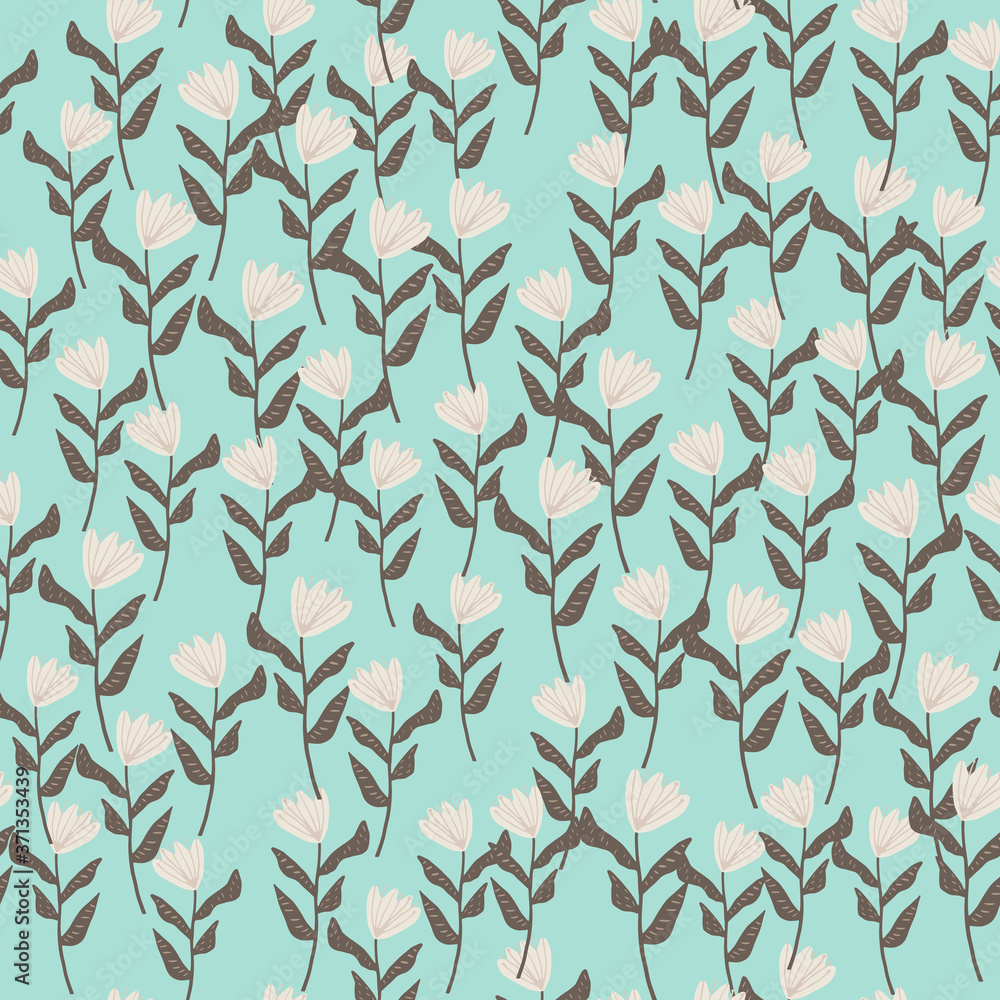 Little tulip ornament seamless doodle pattern. Hand drawn flowers with white buds and brown stems on bright blue background.