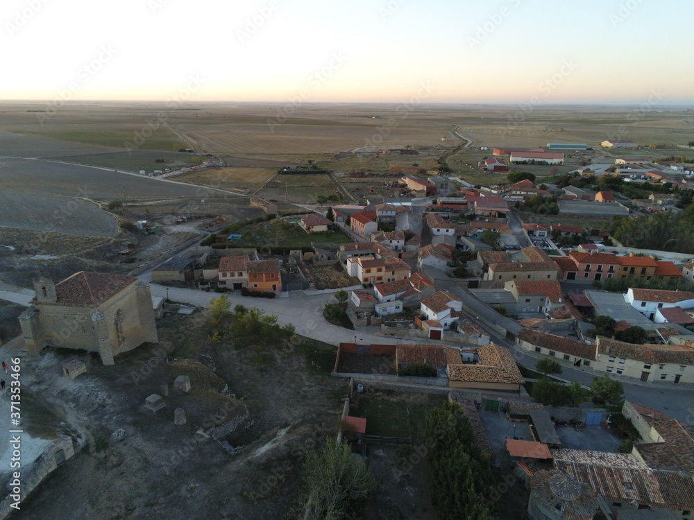 Ampudia, village with castle in Palencia,Spain. Aerial Drone Photo