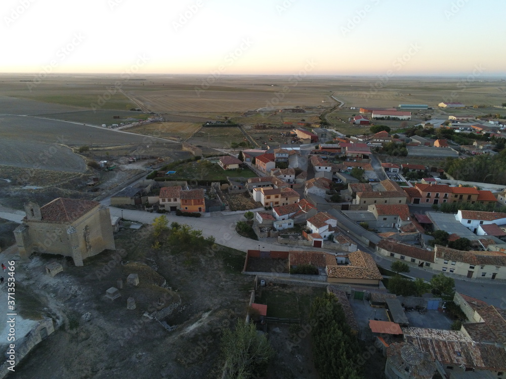Fototapeta premium Ampudia, village with castle in Palencia,Spain. Aerial Drone Photo